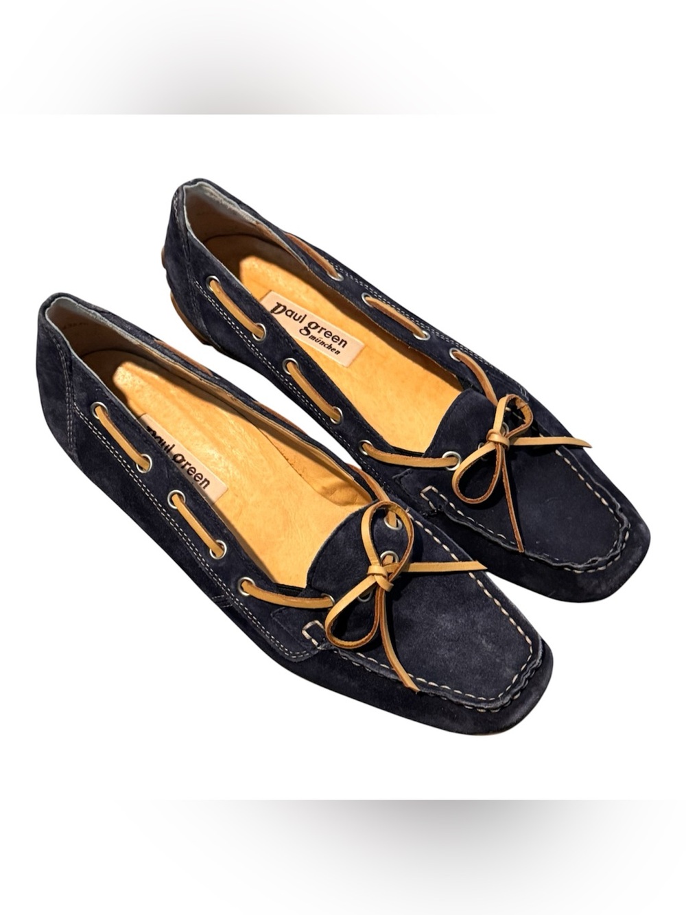 Paul Green Navy Suede Moccasin Loafers with Tan Laces
